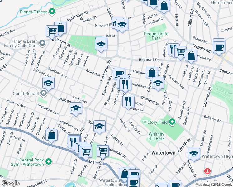 map of restaurants, bars, coffee shops, grocery stores, and more near 56 Loomis Avenue in Watertown