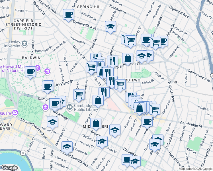 map of restaurants, bars, coffee shops, grocery stores, and more near 76 Beacon Street in Somerville