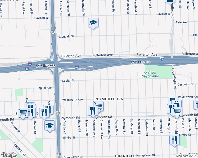 map of restaurants, bars, coffee shops, grocery stores, and more near 12136 Grandmont Avenue in Detroit