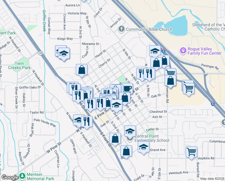 map of restaurants, bars, coffee shops, grocery stores, and more near 57 North 5th Street in Central Point