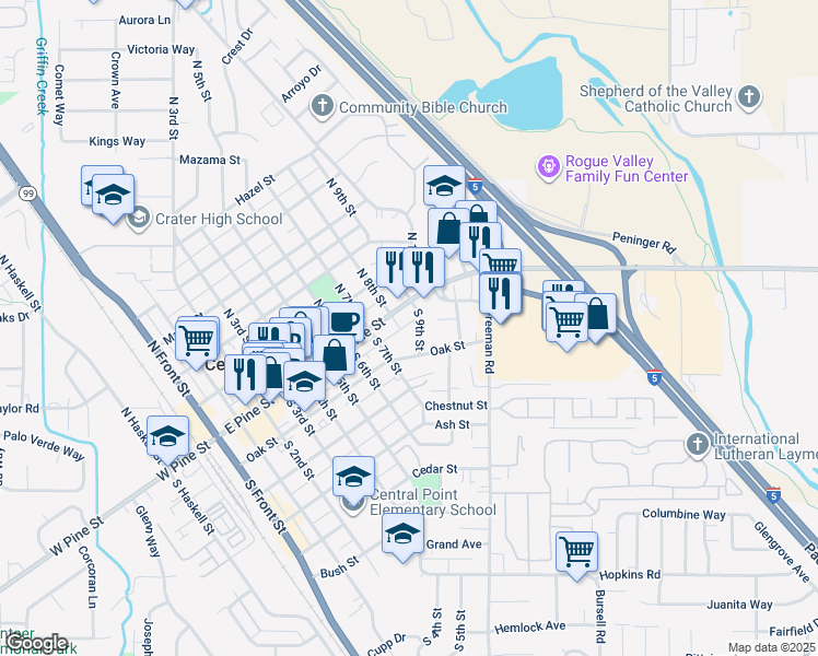 map of restaurants, bars, coffee shops, grocery stores, and more near 118 South 9th Street in Central Point