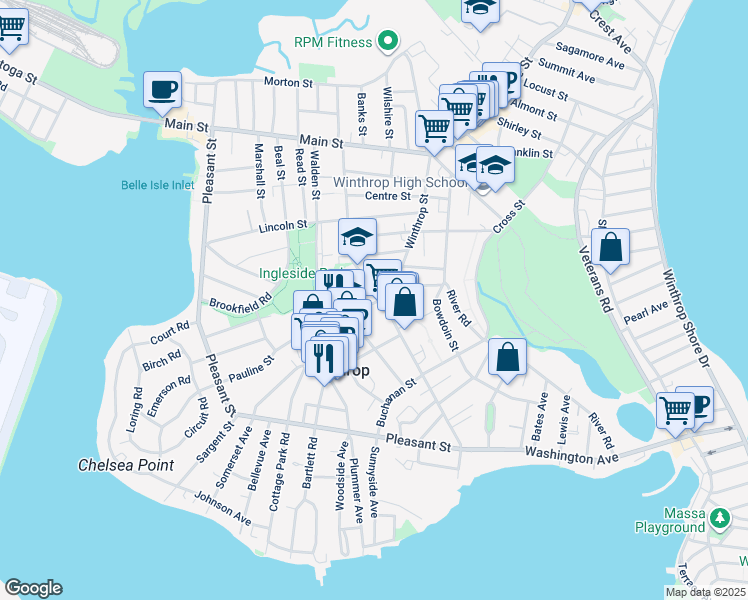 map of restaurants, bars, coffee shops, grocery stores, and more near 226 Winthrop Street in Winthrop