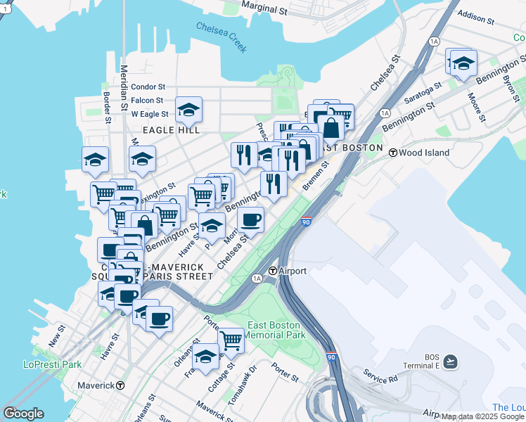 map of restaurants, bars, coffee shops, grocery stores, and more near 277 Chelsea Street in Boston