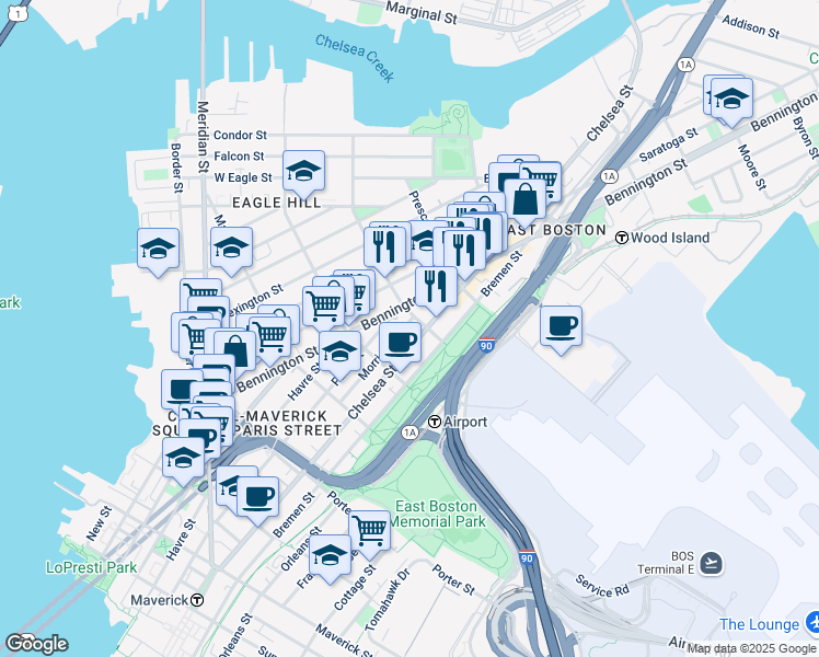 map of restaurants, bars, coffee shops, grocery stores, and more near 277 Chelsea Street in Boston