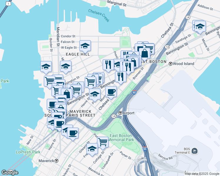 map of restaurants, bars, coffee shops, grocery stores, and more near 277 Chelsea Street in Boston