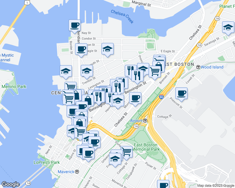 map of restaurants, bars, coffee shops, grocery stores, and more near 293 Havre Street in Boston