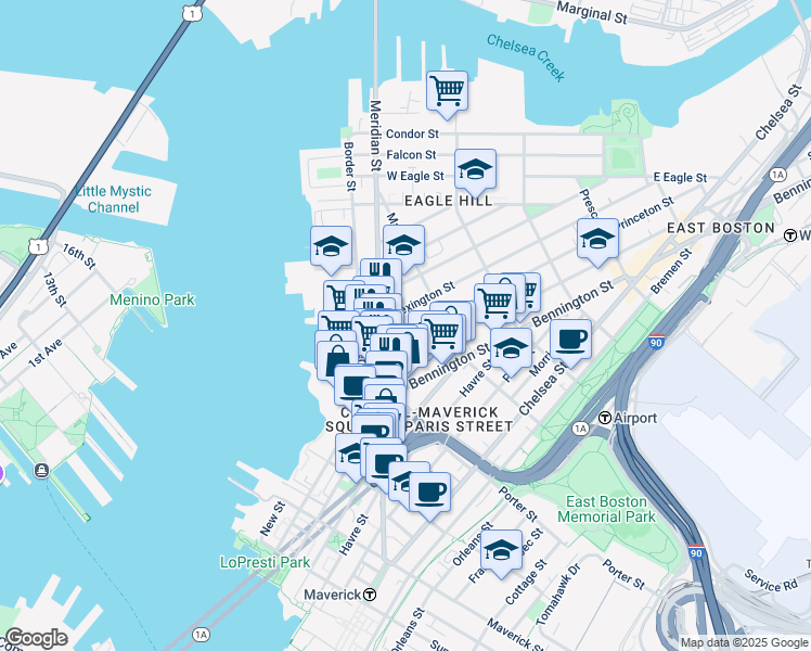 map of restaurants, bars, coffee shops, grocery stores, and more near 13 Princeton Street in Boston