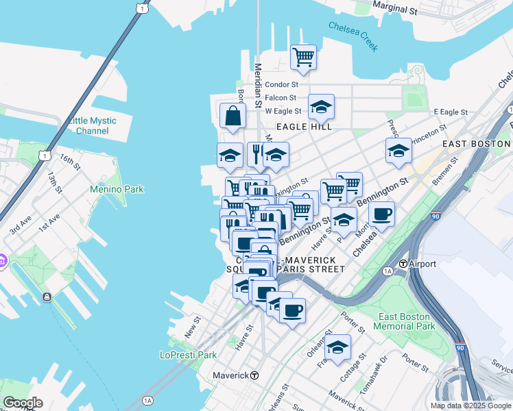 map of restaurants, bars, coffee shops, grocery stores, and more near 239 Border Street in Boston