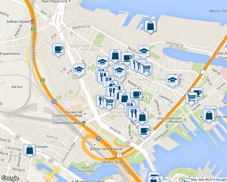 map of restaurants, bars, coffee shops, grocery stores, and more near 219 Main Street in Boston