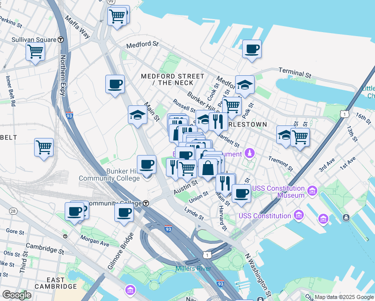 map of restaurants, bars, coffee shops, grocery stores, and more near 219 Main Street in Boston