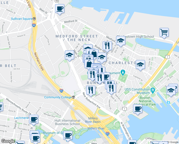 map of restaurants, bars, coffee shops, grocery stores, and more near 77 Lawrence Street in Boston