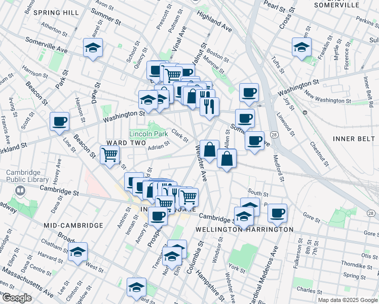 map of restaurants, bars, coffee shops, grocery stores, and more near 22 Concord Avenue in Somerville