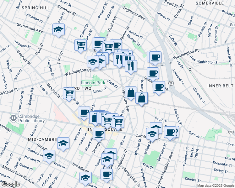 map of restaurants, bars, coffee shops, grocery stores, and more near 22 Concord Avenue in Somerville