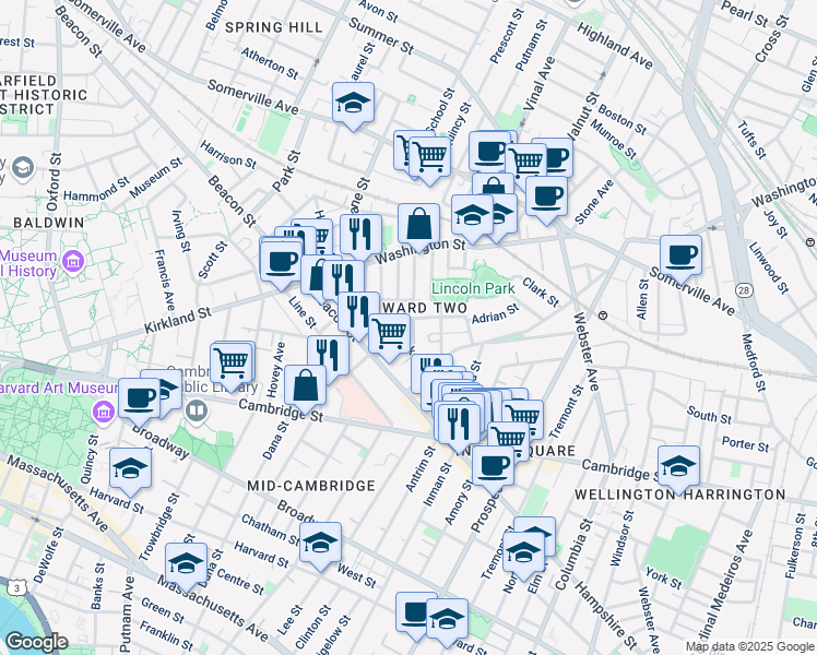 map of restaurants, bars, coffee shops, grocery stores, and more near 15 Buckingham Street in Somerville