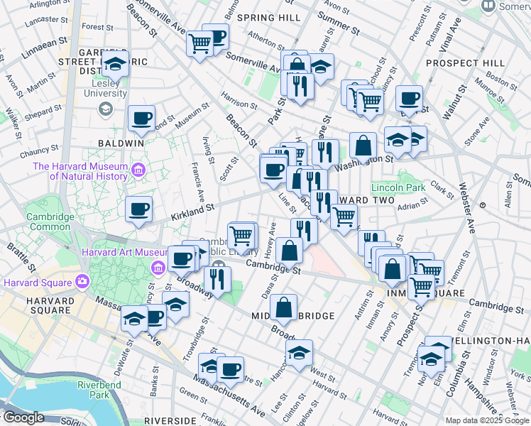 map of restaurants, bars, coffee shops, grocery stores, and more near 4 Lamont Avenue in Cambridge