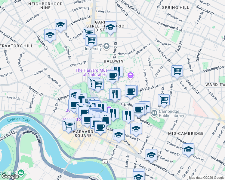 map of restaurants, bars, coffee shops, grocery stores, and more near 12 R Oxford Street in Cambridge
