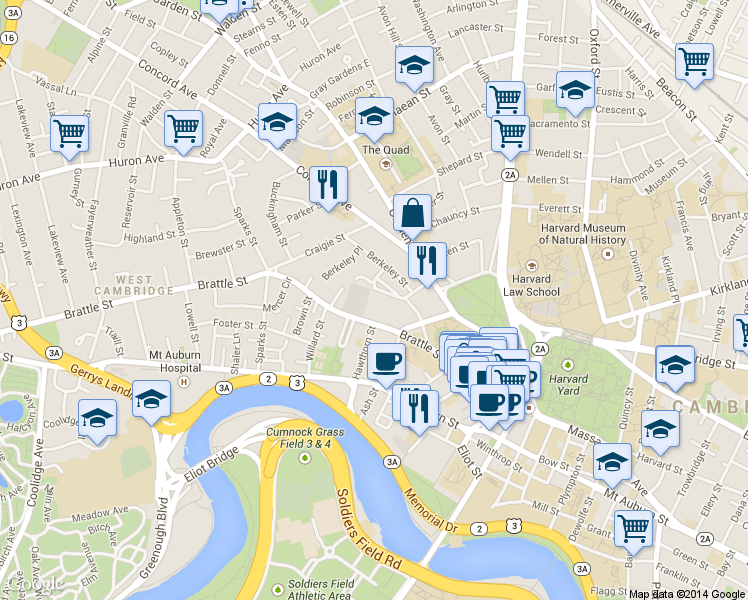 map of restaurants, bars, coffee shops, grocery stores, and more near in Cambridge