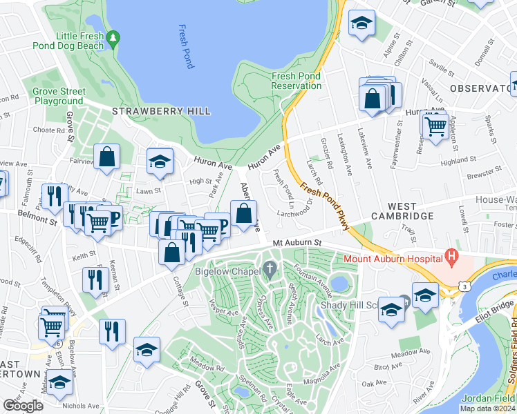 map of restaurants, bars, coffee shops, grocery stores, and more near 44 Aberdeen Avenue in Cambridge