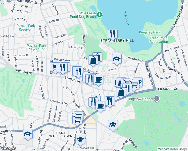 map of restaurants, bars, coffee shops, grocery stores, and more near 24 Exeter Street in Belmont