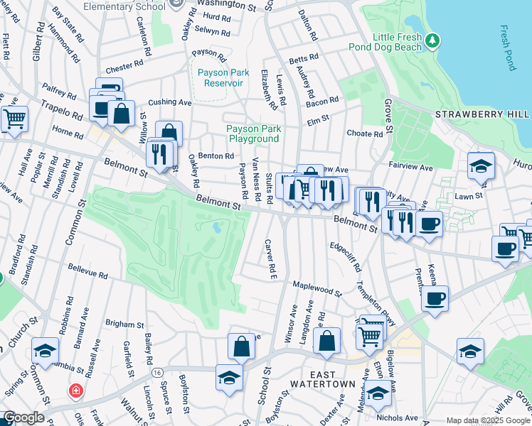 map of restaurants, bars, coffee shops, grocery stores, and more near 21 Commonwealth Road in Watertown