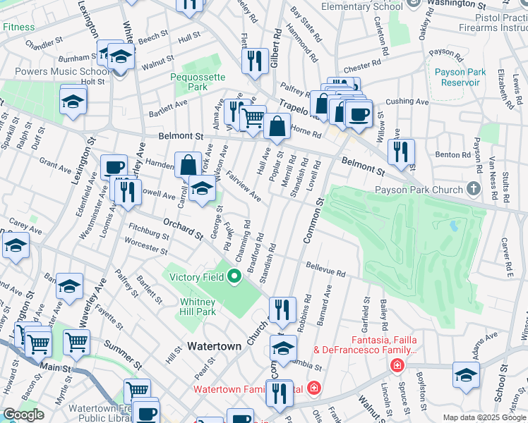map of restaurants, bars, coffee shops, grocery stores, and more near 76 Bradford Road in Watertown