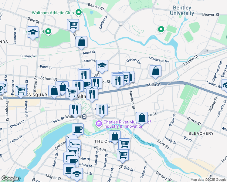 map of restaurants, bars, coffee shops, grocery stores, and more near 11 Appleton Street in Waltham
