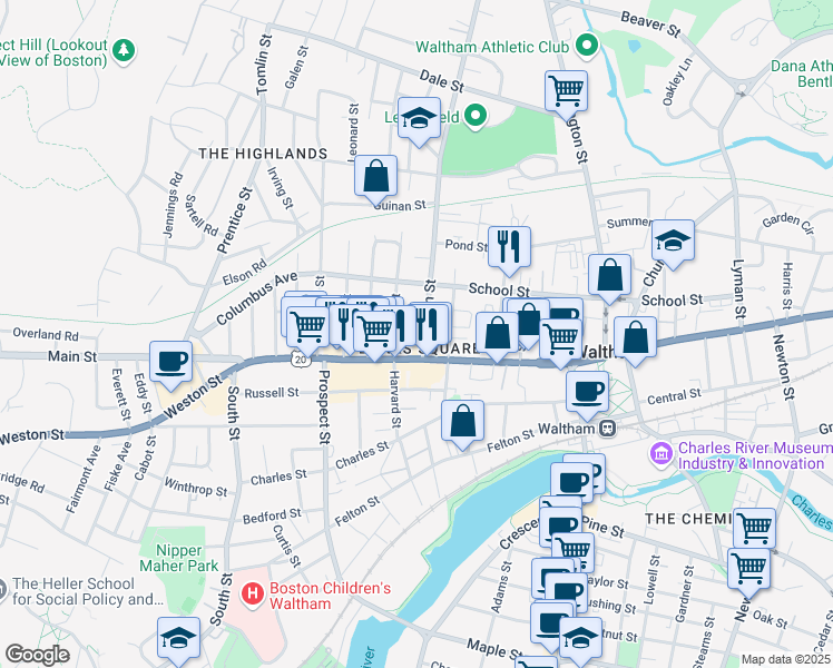 map of restaurants, bars, coffee shops, grocery stores, and more near in Waltham