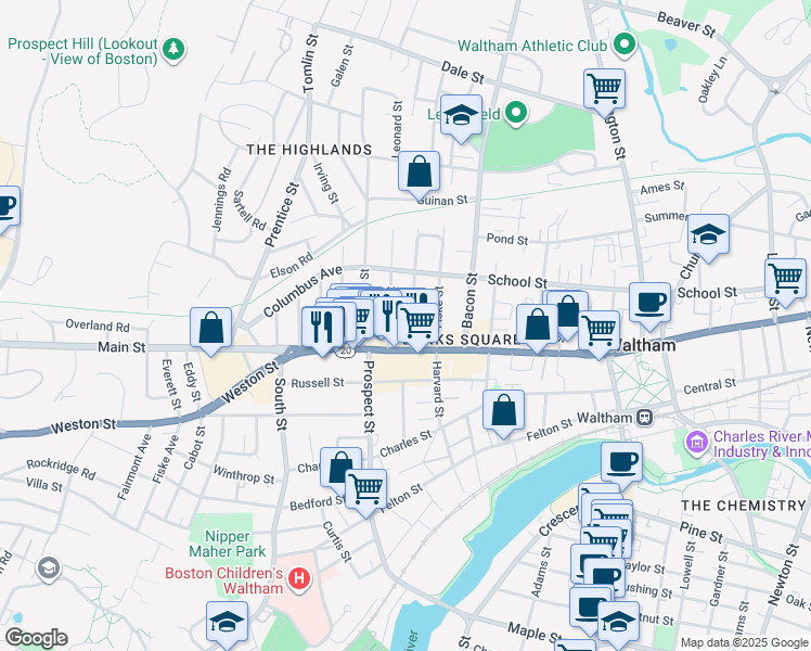 map of restaurants, bars, coffee shops, grocery stores, and more near in Waltham