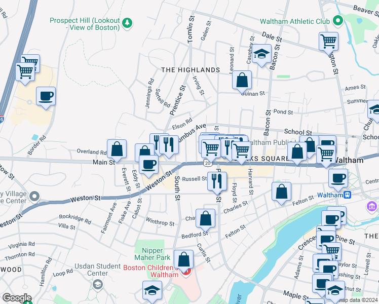 map of restaurants, bars, coffee shops, grocery stores, and more near 933 Main Street in Waltham