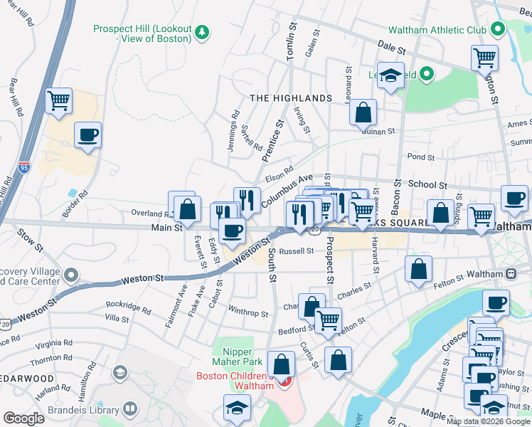 map of restaurants, bars, coffee shops, grocery stores, and more near in Waltham