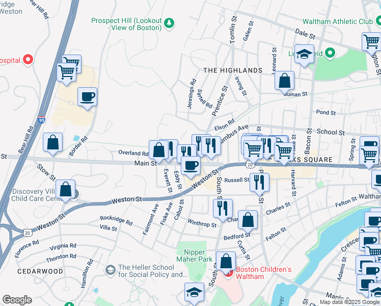 map of restaurants, bars, coffee shops, grocery stores, and more near 1019 Main Street in Waltham