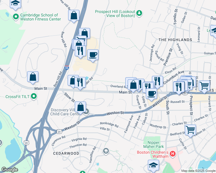 map of restaurants, bars, coffee shops, grocery stores, and more near in Waltham