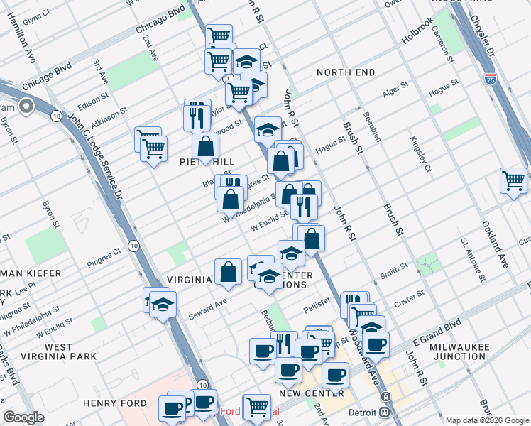 map of restaurants, bars, coffee shops, grocery stores, and more near in Detroit