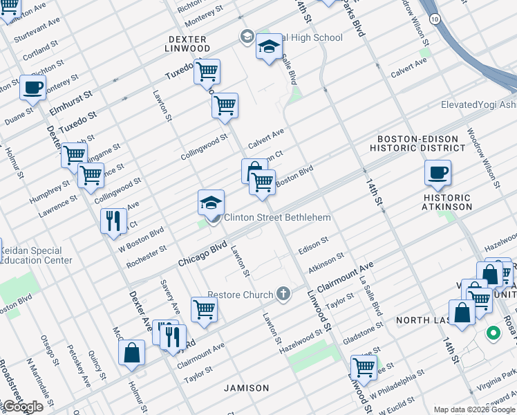 map of restaurants, bars, coffee shops, grocery stores, and more near 2700 West Chicago in Detroit