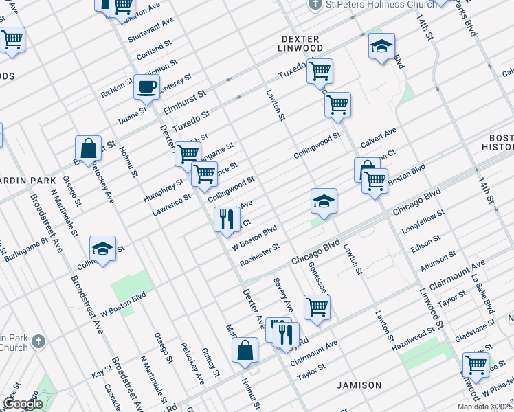 map of restaurants, bars, coffee shops, grocery stores, and more near 3280 Glynn Court in Detroit
