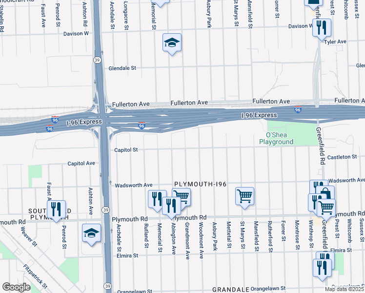 map of restaurants, bars, coffee shops, grocery stores, and more near 12136 Grandmont Avenue in Detroit