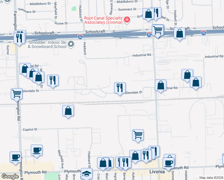 map of restaurants, bars, coffee shops, grocery stores, and more near 31899 Glendale Street in Livonia