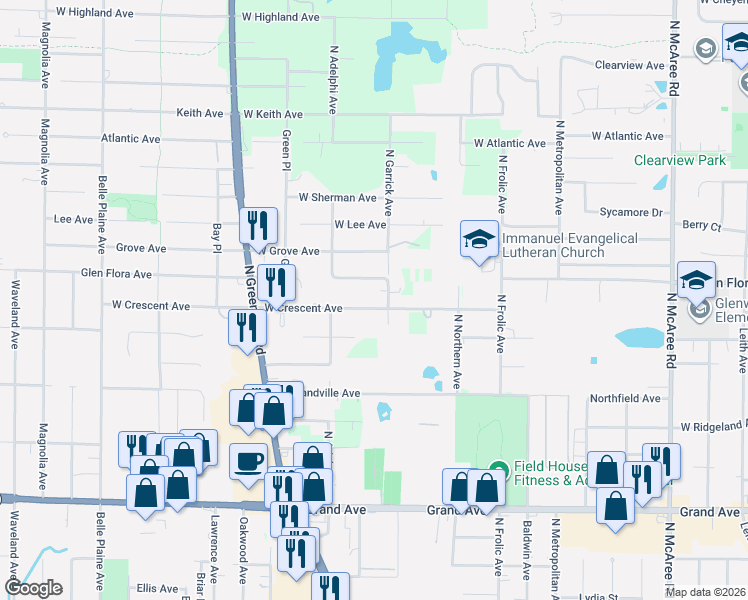 map of restaurants, bars, coffee shops, grocery stores, and more near 12645 West Crescent Avenue in Waukegan