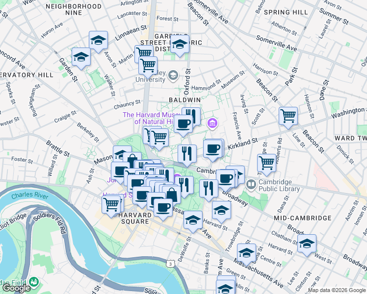 map of restaurants, bars, coffee shops, grocery stores, and more near 12 R Oxford Street in Cambridge