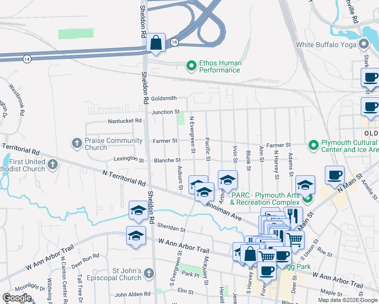 map of restaurants, bars, coffee shops, grocery stores, and more near 402 North Evergreen Street in Plymouth