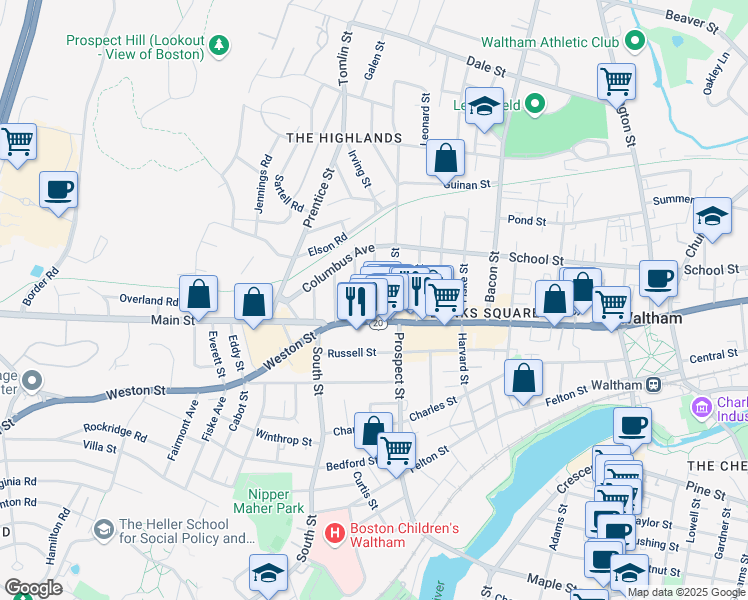 map of restaurants, bars, coffee shops, grocery stores, and more near 17 Rich Street in Waltham