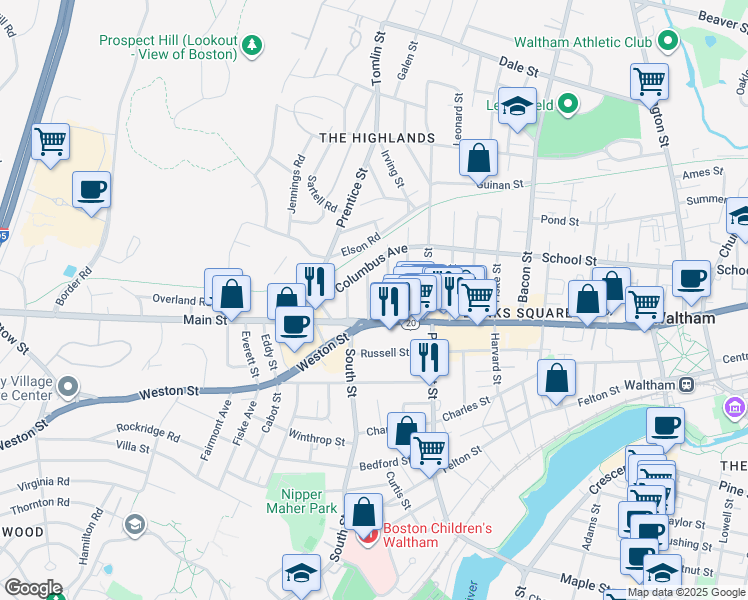 map of restaurants, bars, coffee shops, grocery stores, and more near 933 Main Street in Waltham