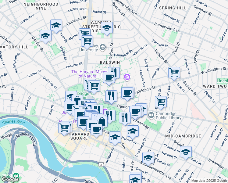 map of restaurants, bars, coffee shops, grocery stores, and more near 12 Oxford Street in Cambridge