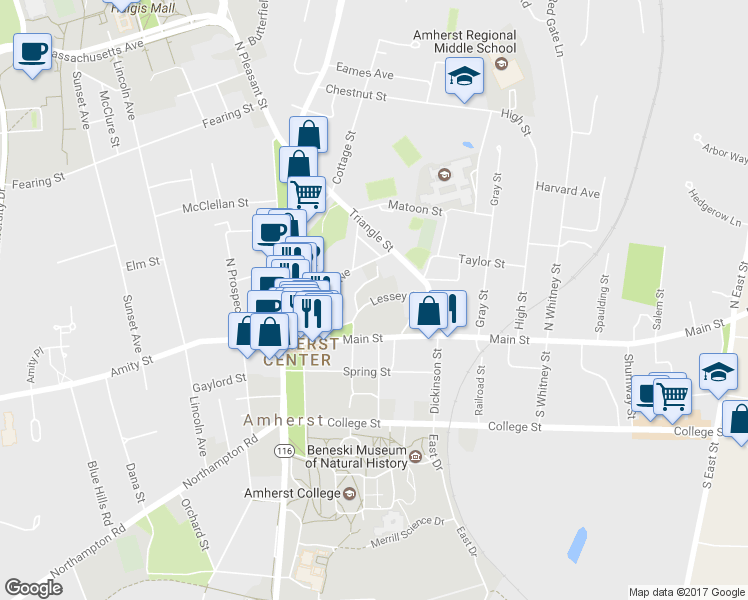 map of restaurants, bars, coffee shops, grocery stores, and more near Lessey Street in Amherst