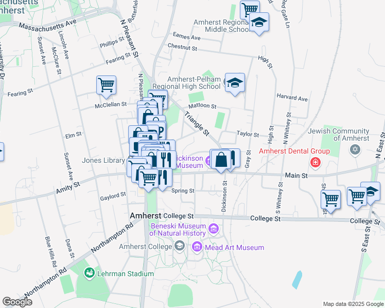 map of restaurants, bars, coffee shops, grocery stores, and more near Lessey Street in Amherst