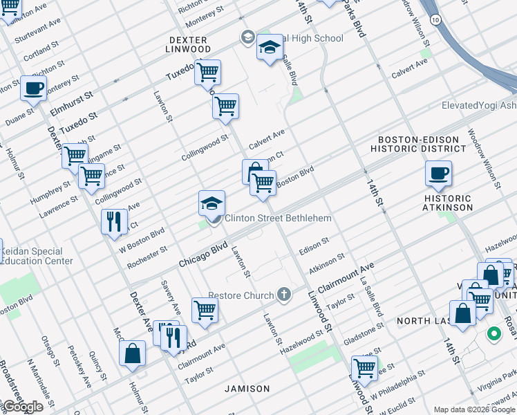 map of restaurants, bars, coffee shops, grocery stores, and more near 2700 West Chicago in Detroit