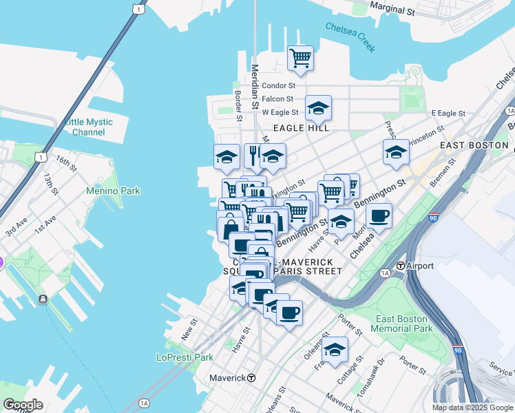 map of restaurants, bars, coffee shops, grocery stores, and more near Meridian Street in Boston