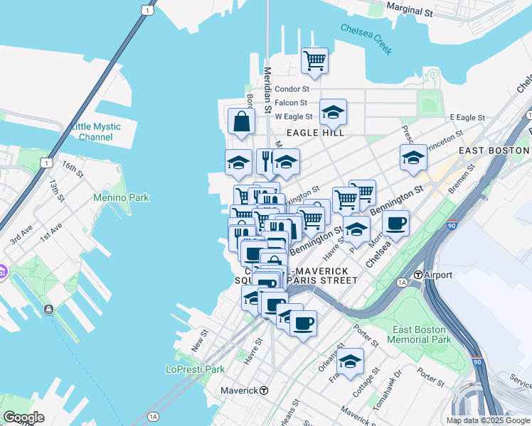 map of restaurants, bars, coffee shops, grocery stores, and more near 239 Border Street in Boston