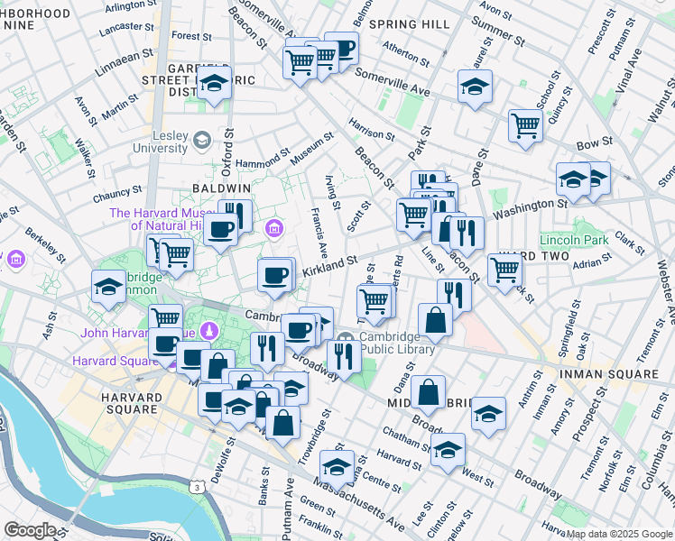 map of restaurants, bars, coffee shops, grocery stores, and more near 52 Kirkland Street in Cambridge