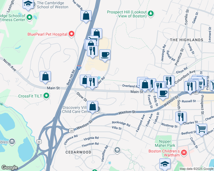 map of restaurants, bars, coffee shops, grocery stores, and more near 58 Edge Hill Road in Waltham